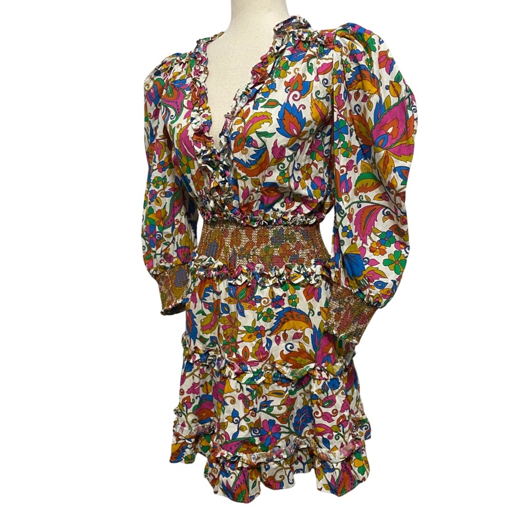 Women's House of Harlow 1960 Boho Smocked Paisley Puff Sleeve Mini Dress Small